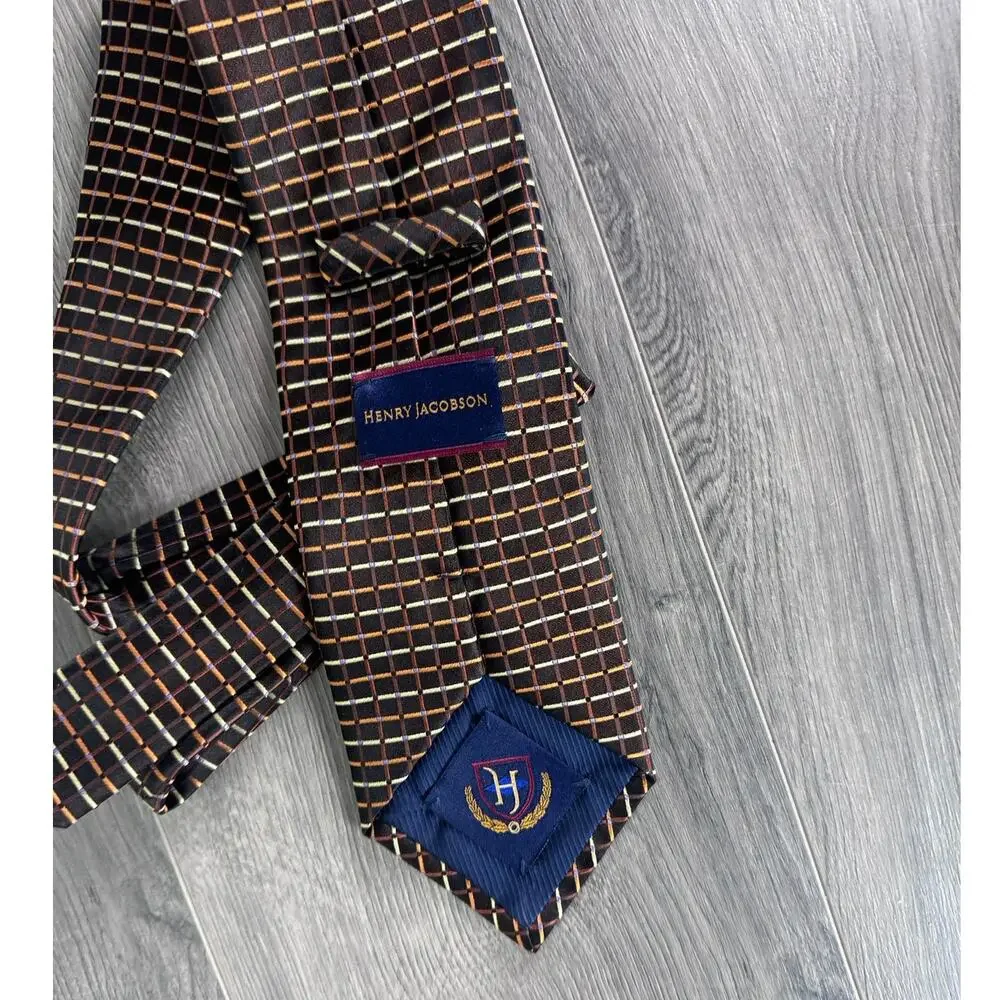 Henry Jacobson Vintage Mens Neck Tie Yellow Blue Stripe Brown Gold Check